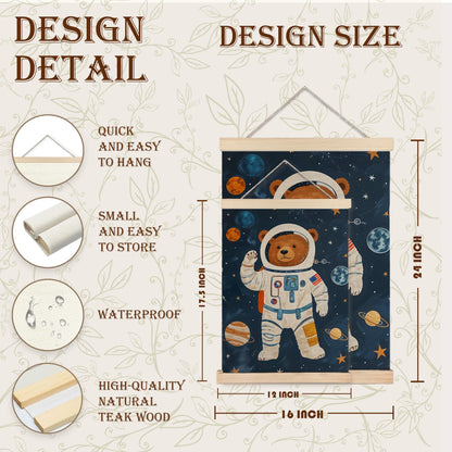 URLLUAE Astronaut Bear Space Wall Art Posters for Kids Room, Cute Outer Space Planet Poster Hanger Frame for Boys Bedroom Classroom Nursery Playroom Wall Decor, 12x16 Inch