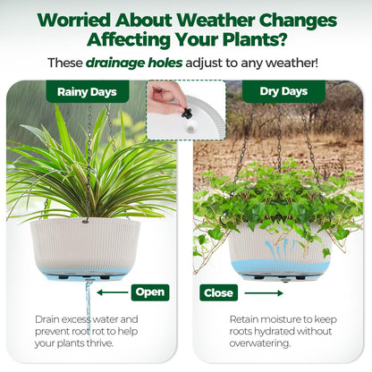 T4U Hanging Planter Self Watering 8 Inch, 2 Pack White Indoor Hanging Plant pots, Hanging Flower Pot with Drainage Hole & Plug & Chain with 3 Hooks for Garden Home Decor