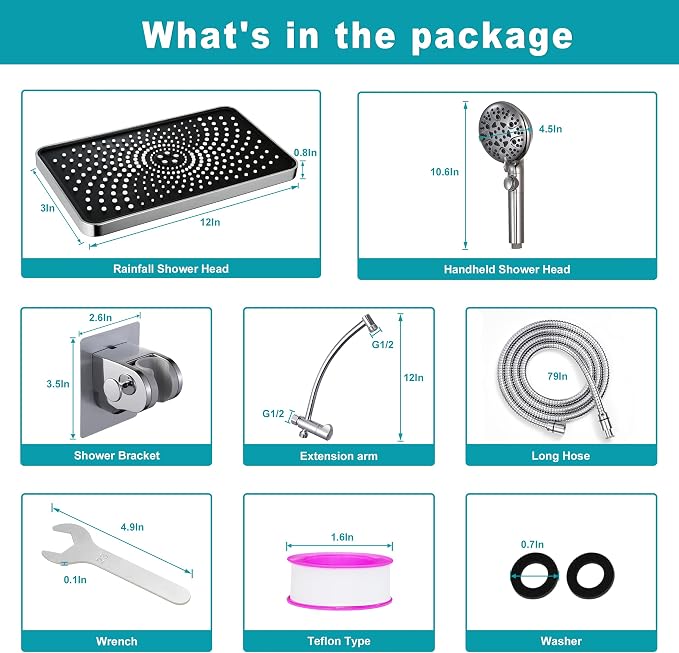 GwernKB Rain Shower Heads with Handheld Spray Combo,Fixed Showerhead&8-Mode Handheld Shower Head with 79 Inches Extra-long Stainless Steel Hose and Low-Reach Adhesive Wall Mount for Elderly