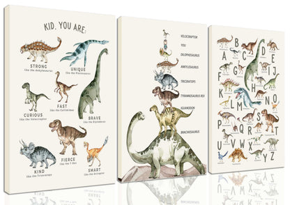 3Pcs Kids Dinosaur Species Canvas Wall Art Dinosaur Alphabet Painting Boys Room Wall Decor Tyrannosaurus Encyclopedia Educational Posters Prints Teen Cool Pictures for Home Classroom Nursery Framed