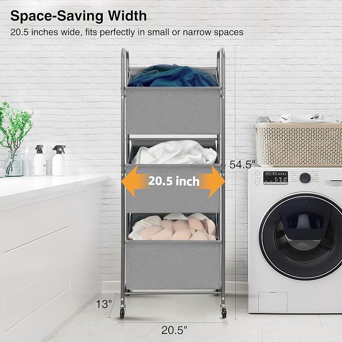 STO STO 3-Tier Vertical Laundry Hamper with Wheels, 120L Rolling Laundry Sorter with 3 Removable Waterproof Lined Bags, Rust-Resistant Steel Frame for Small Spaces, Apartment, Dorm, Gray Fabric
