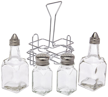 New Star Foodservice 22209 Glass Salt and Pepper Shaker Set with Holder and Oil and Vinegar Cruets, Stainless Steel Gold Plated Top, 0.5-Ounces