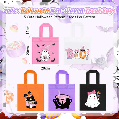 RSCPTOY 20pcs Pink Purple Girl Halloween Treats Bags - Cute Ghost Witch Cauldron NonWoven Candy Bag Gift Tote for Little Boo Baby Shower Party Supplies Summerween Party Decorations