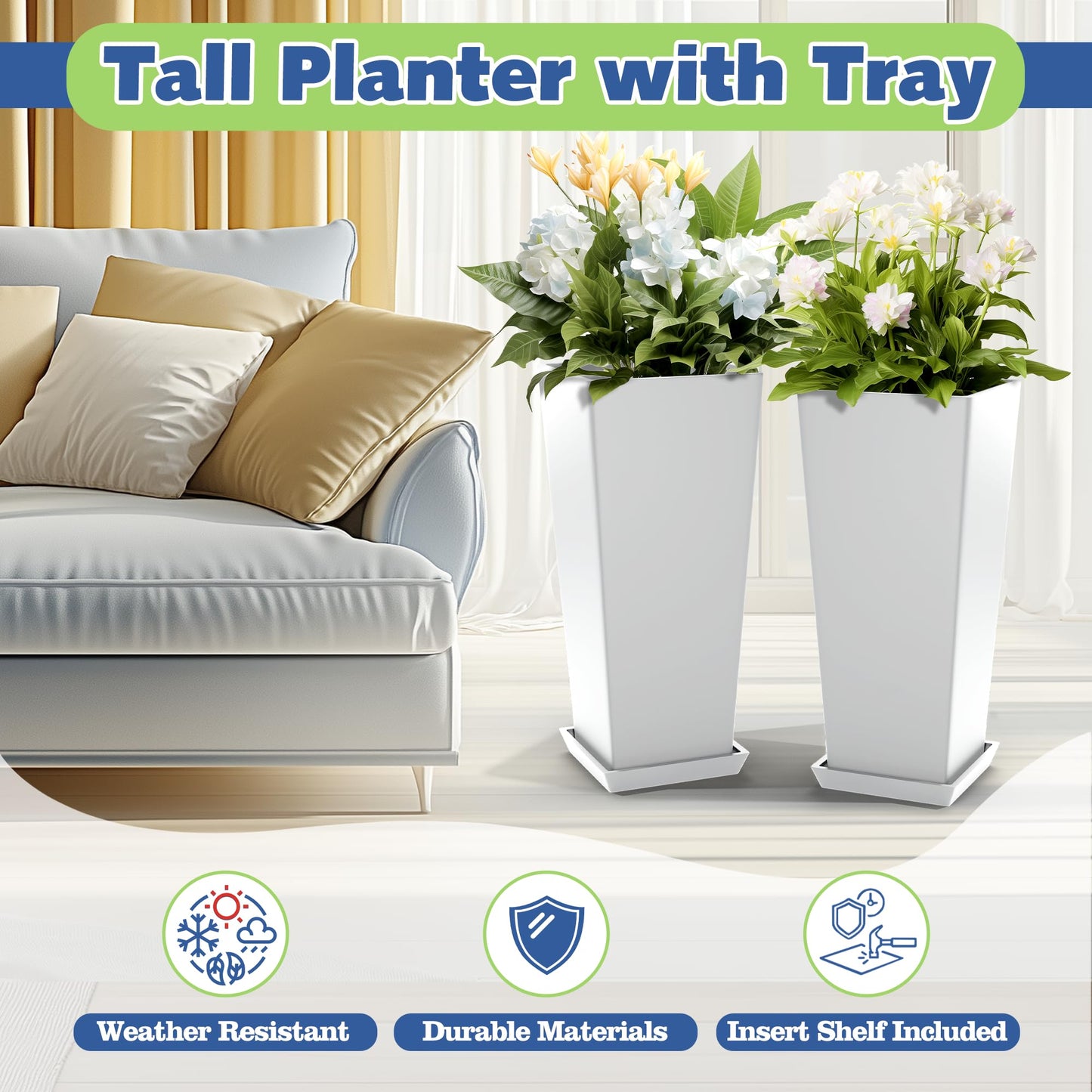 ART DEMO 23.6" Tall Outdoor Planters Large Tall Planter for Indoor or Outdoor, Set of 2 Tapered Square Flower Pots with Tray for Porch, Patio, Backyard(White)