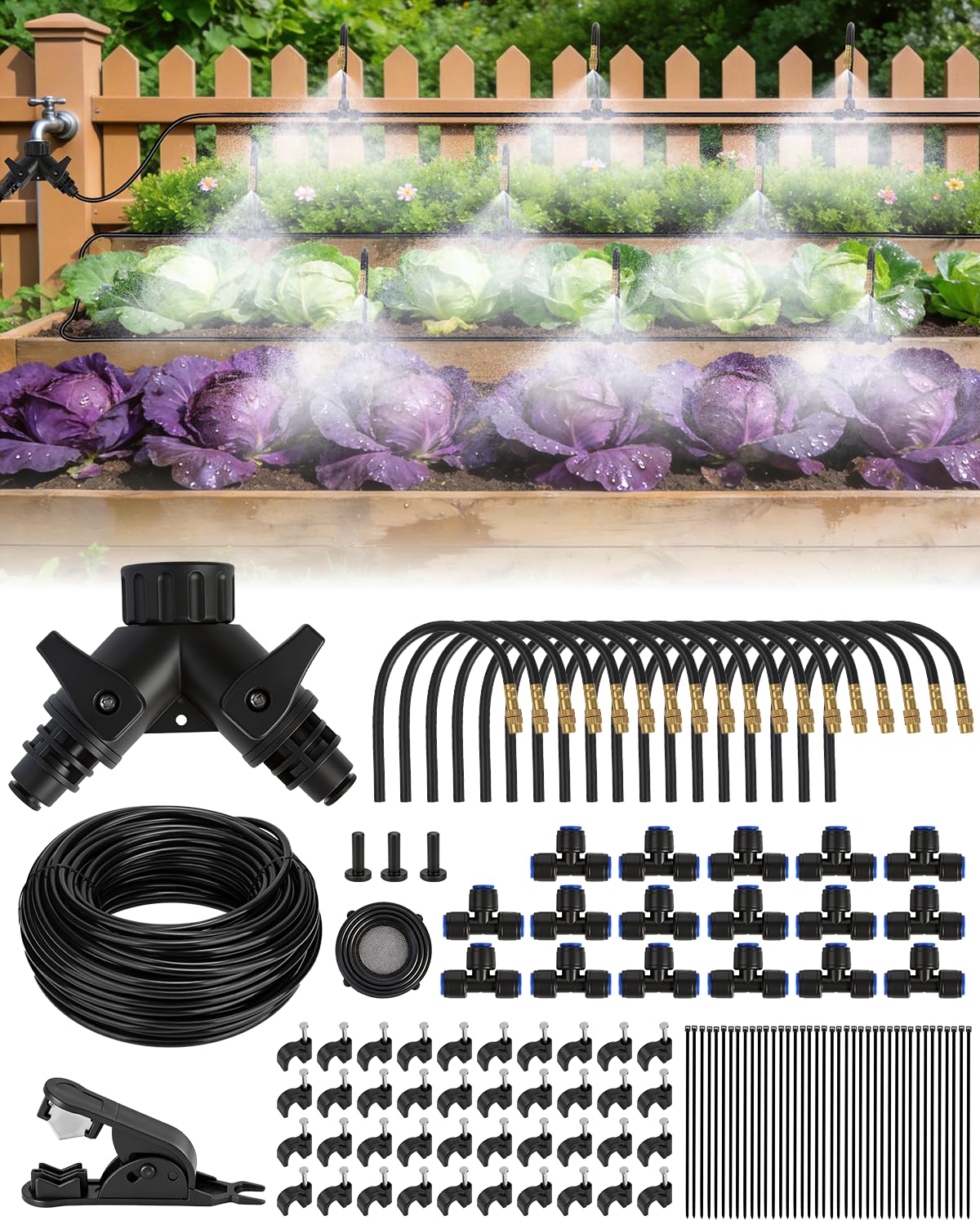 Landtouch 120FT Drip Irrigation System for Garden with 18 Nozzles –360° Adjustable Misting Nozzles, Quick-Connect Design, Ideal for Raised Beds, Lawns, Greenhouses & Outdoor Cooling