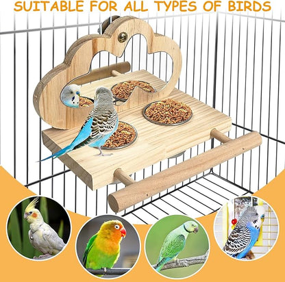 Tfwadmx Bird Parrot Wooden Feeding Cups, Small Bird Feeding Dish Cups Stainless Steel Birds Bowls Food Water Bowls with Food Holder for Cockatiel Parakeet Macaw Finches Lovebirds