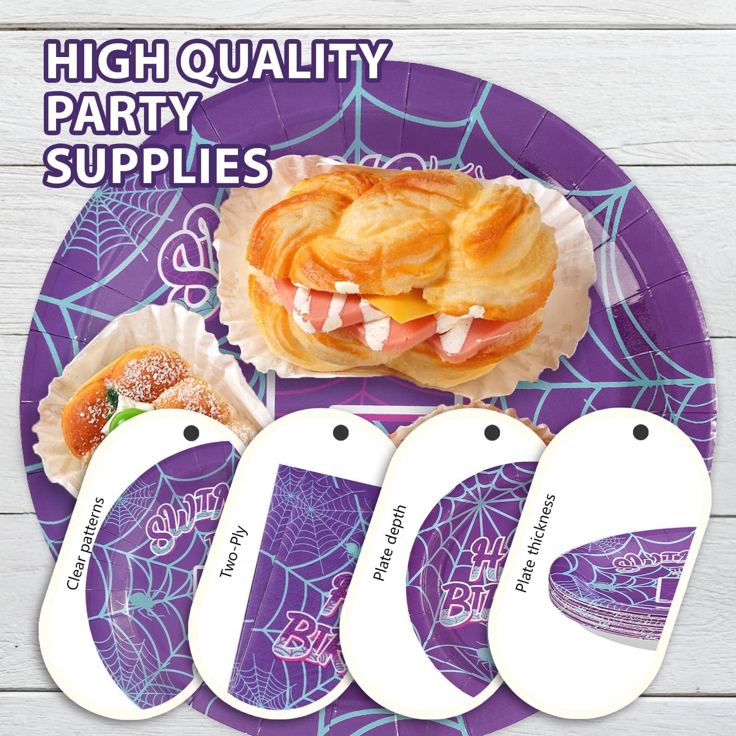Greencian 96Pcs Spider 5th Birthday Party Supplies Purple Spiderweb Party Plates and Napkins Disposable Ghost Cartoon Tableware Set for Kids Birthday Halloween Hero Theme Decorations, Serves 24