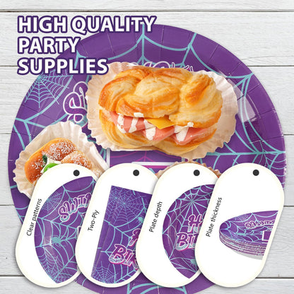 Greencian 96Pcs Spider 5th Birthday Party Supplies Purple Spiderweb Party Plates and Napkins Disposable Ghost Cartoon Tableware Set for Kids Birthday Halloween Hero Theme Decorations, Serves 24