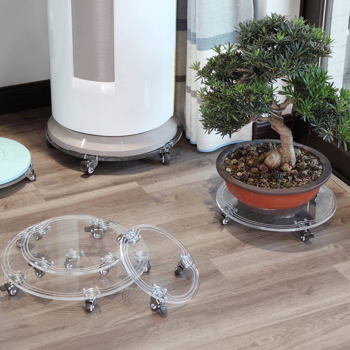 EMCOMS 1PC Plant Caddy 12.5inch Acrylic Heavy Duty Round Plant Stand with 2 Roller Lockable Caster Wheels,Indoor Outdoor Holds Up 150 Lbs Patio/Flower Pot/Dolly,Transparent