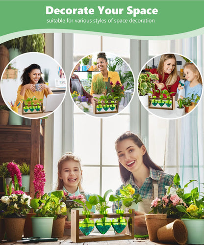 Nacome Plant Terrarium Propagation Stations: Mothers Day Gifts for Mom Plant Lovers Women Wife Daughter - 3 Bulb Glass Vase with Wooden Stand Tabletop for Hydroponics Home Garden Decor(Green)