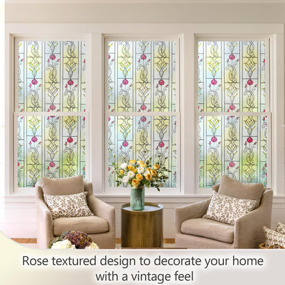 KESPEN WINDOW FILMS Window Privacy Film Stained Glass Frosted Glass Films Decorative Window Film with Rose Flower Static Cling Non-Adhesive Stickers Heat Control for Home, 17.5 Inch X 6.5 Feet