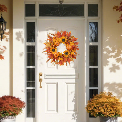 zjlmit Fall Wreaths for Front Door 24 Inch Fall Wreath with Pumpkins Sunflowers Maple Leaves and Orange Red Berries Autumn Wreath for Farmhouse Porch Thanksgiving and Harvest Festival Parties