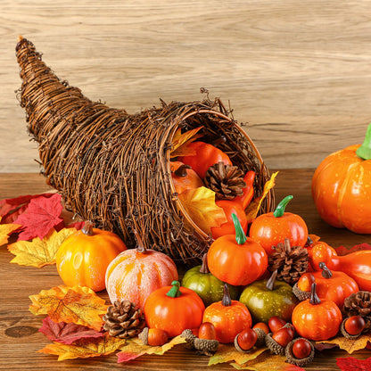 Thanksgiving Cornucopia Basket Set Fall Table Centerpieces 13.78'' Thanksgiving Large Cornucopia Horn of Plenty Harvest Decorations with 100 Pcs Artificial Leave Acorn Pumpkin for Table Home(Rustic)