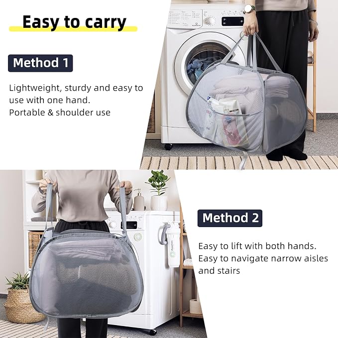 Collapsible Laundry Basket, 90L Foldable Pop-up Laundry Hamper with Handles, Mesh Dirty Clothes Hamper for Laundry, Bathroom, Kids Room, Dorm,Travel or Camping (White)