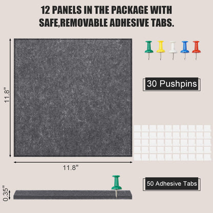 Large Cork Board Alternative 48" X 36" Bulletin Board - 12 Pack Removable Felt Wall Tiles with 30 pushpins, Large Cork Boards for Walls Cork Board for Office Pin Board Tack Board - Dark Gray