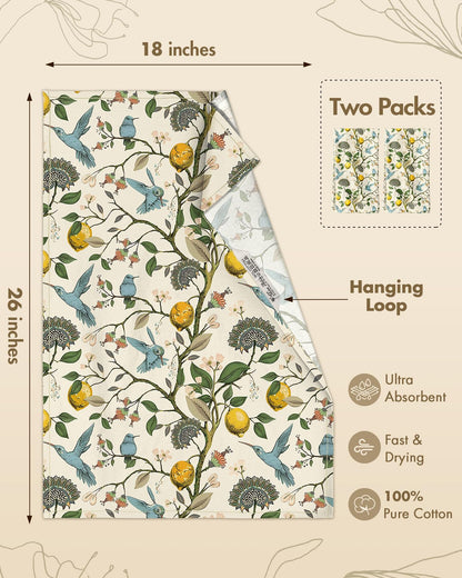 Miss Adola Flour Sack Kitchen Towels Set of 2-18x26 Cotton Dish Towels with Hanging Loop Reusable Tea Towel for Cleaning Spring Absorbent Dishcloths Cute Home Decor Housewarming, Lemon Birds