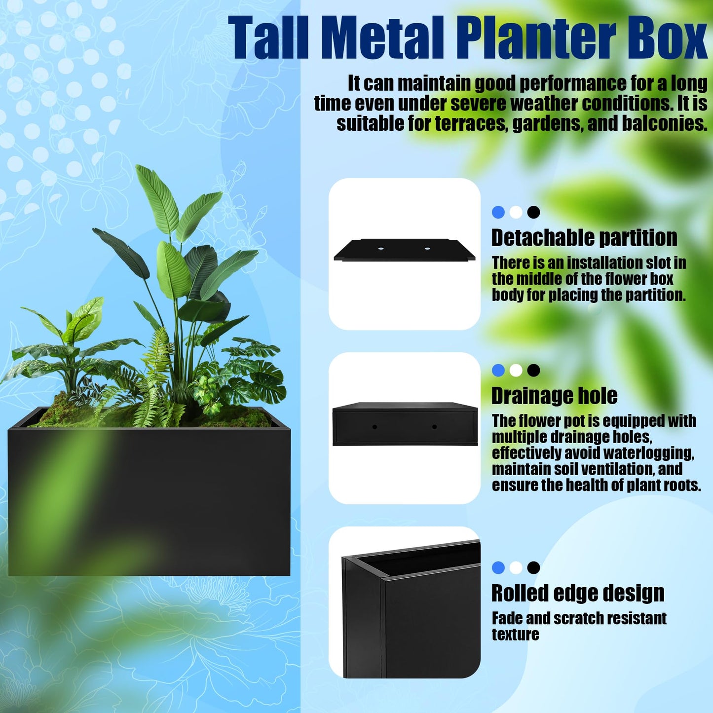 Srehloe Metal Planter Box for Outdoor Plants 38" x 10" x 30" Large Rectangular Planter Cube Steel Heavy Duty Flower Pot with Insert Shelf and Drainage Holes Suitable for Patio Yard Garden Porch Hotel