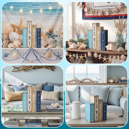 Lineshading 4 Pcs Summer Table Decoration Wooden Book Coastal Beach Decoration Blue and White Summer Tiered Tray Decor Wood Book Signs Farmhouse for Ocean Party Home Shelf Coffee Table