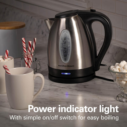 Hamilton Beach Electric Tea Kettle, Water Boiler & Heater, 1.7 Liter, Cordless Serving, 1500 Watts for Fast Boiling, Auto-Shutoff and Boil-Dry Protection, Stainless Steel (40880)