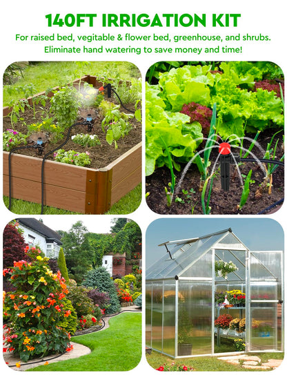 Landtouch Drip Irrigation System, 40FT 1/2" Mainline & 100FT 1/4" Tubing, with Adjustable Drip Emitters Misting Sprinkler, Efficient Sprinkler System Kit for Flower Bed, Raised Bed, Greenhouse, Lawn