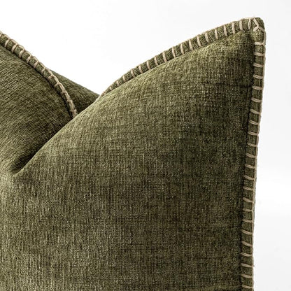MIULEE Pack of 2 Couch Throw Pillow Covers 18x18 Inch Olive Green Farmhouse Decorative Pillow Covers with Stitched Edge Soft Chenille Solid Dyed Pillow Covers for Sofa Bed Living Room