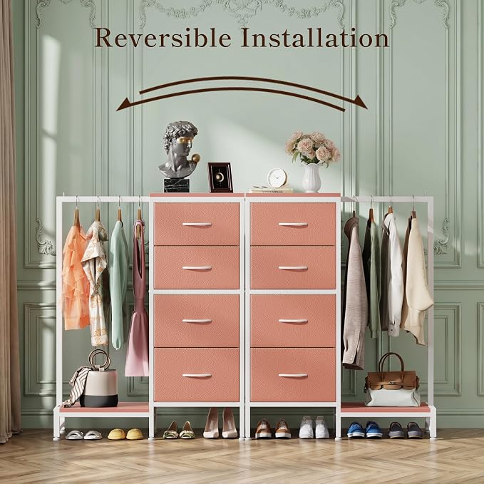 HIGDBFE Dresser with Hanging Rack, 4 Drawers Small Closet for Bedroom, Reversible Fabric Kids Chest of Drawers with Clothes Rack, Tall Storage Tower, Sturdy Frame, Pink, 44''H