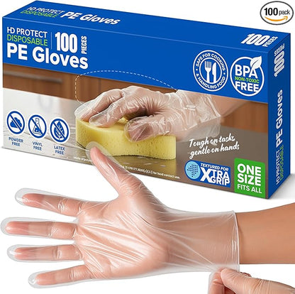 Disposable Plastic Gloves 100 Pack – Food Safe, BPA & Latex-Free HDPE Cryogenic Gloves for Cooking, Food Prep, Kitchen Use, Serving & Crafts – Clear, Single-Use, Comfortable Fit