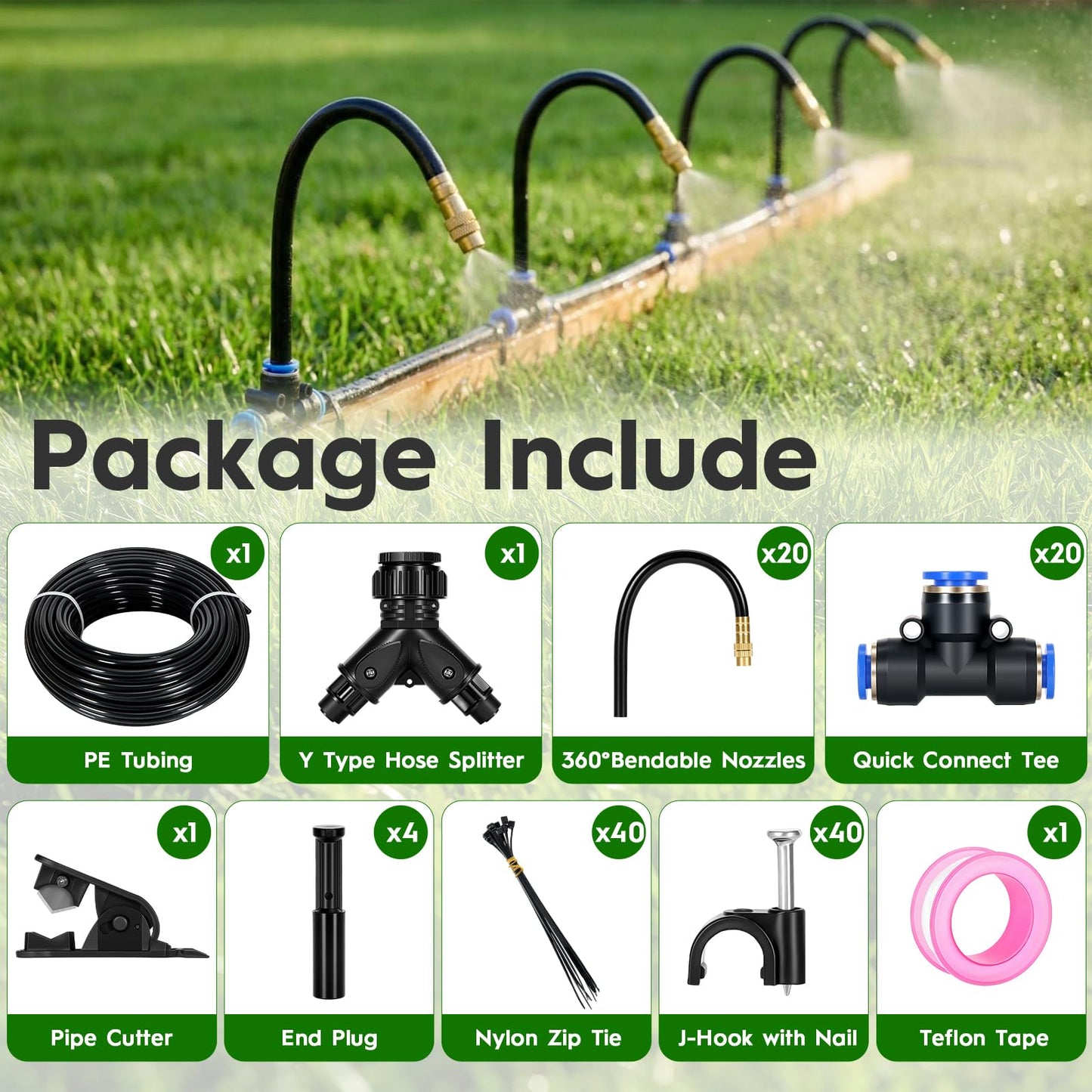 100Ft 360° Adjustable Drip Irrigation System Kit, 1/4 Inch PE Tubing with 20 Bendable Nozzles, Automatic Garden Watering System for Greenhouse, Lawn, Raised Bed, Flower Bed