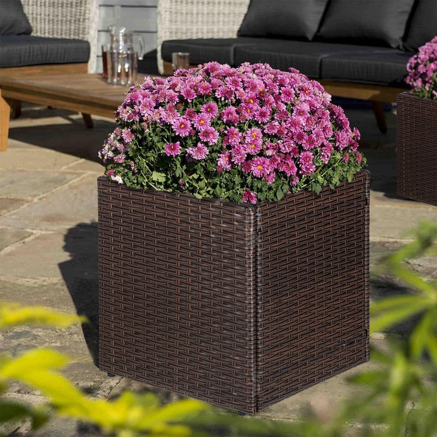 SUNNYPARK Set of 2 Large Square Planter with Removable Liner, All-Weather PE Rattan Modern Planters Indoor Outdoor Flower Plant Pots Garden Box Patio Yard Front Porch Deck