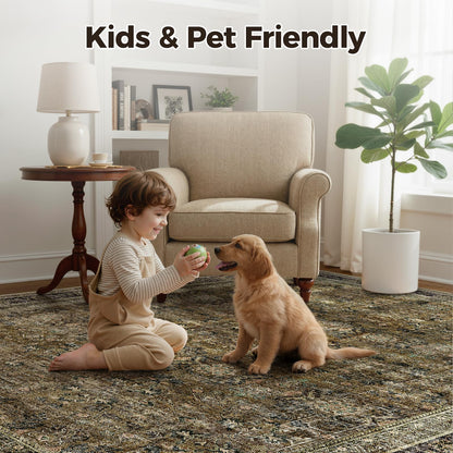 WITSHOCK 5x7 Area Rugs for Living Room: Vintage Modern Boho Moody Retro Antique Farmhouse Dark Carpet, Non-Slip Low Pile Stain Resistant Rug for Bedroom Dining Under Table, Brown Olive Green