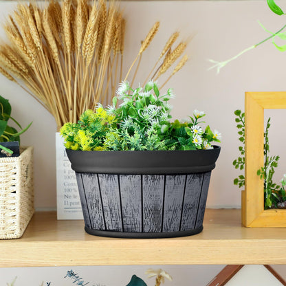 Romooa 12 Pcs Wall Hanging Planters Outdoor Wine Barrel Planter Distressed Oak Thickened Plastic Water Storage Flower Pots for Plants Flower Indoor Outdoor Railing Fence (Black,10 Inch)