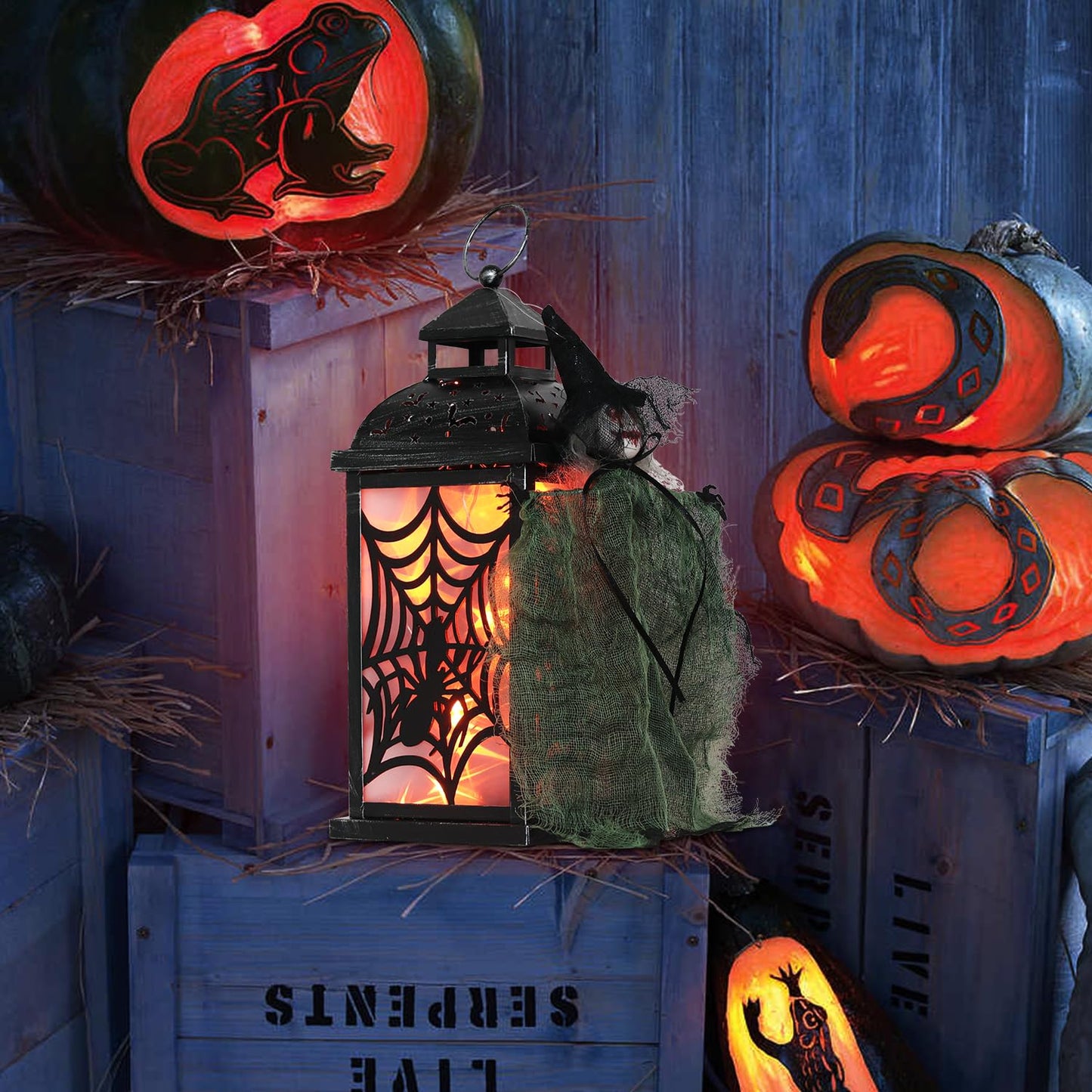 DECORKEY Halloween Decorations Indoor, 14.7" Spider Web Candle Glitter Lantern with LED Lights (8 Modes), Hanging Halloween Lanterns with Witch, Outdoor Home Room Table Party Hocus Pocus Decor