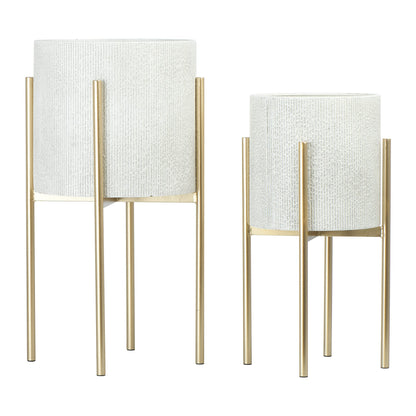 Main + Mesa Modern Boho Embossed Metal Planters with Stands, White and Gold, Set of 2 Sizes