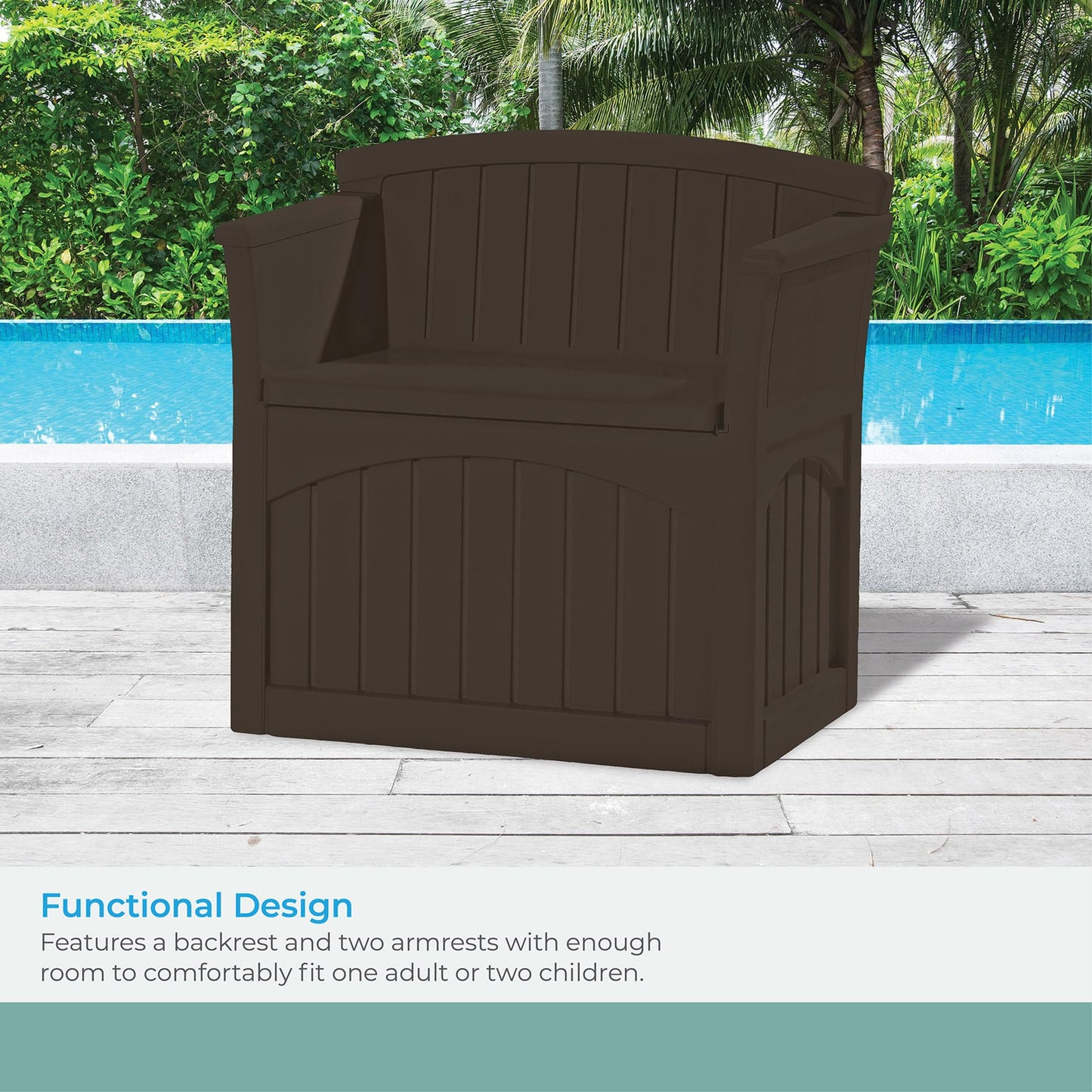 Suncast 31 Gallon Outdoor Backyard Garden Patio Seat Storage and Bench Chair with Arm Rest, Java