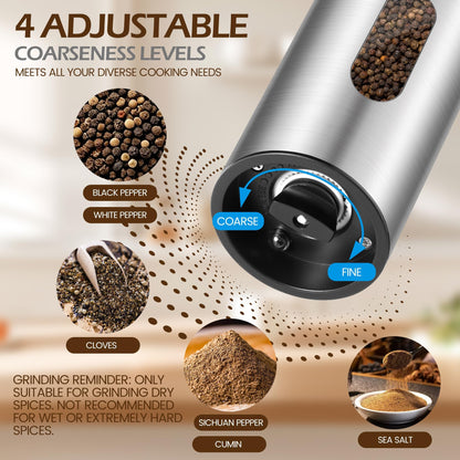 CapyBud Electric Salt and Pepper Grinder Set, 110 ml Rechargeable Automatic Salt and Pepper Shakers with Adjustable Coarseness Charging Base LED Light Ceramic Grinder Core for Kitchen Outdoor Gift