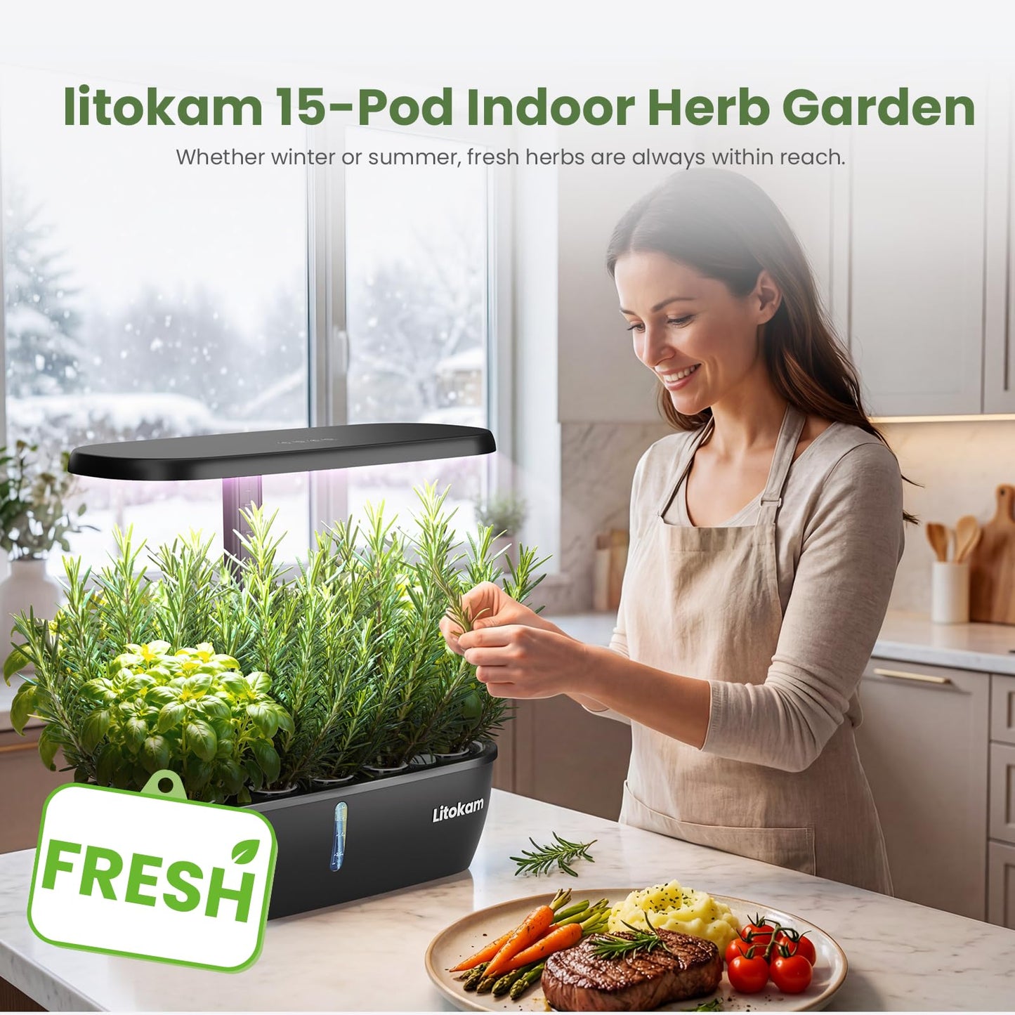 litokam Hydroponics Growing System Kit, 15 Pods Indoor Herb Garden with Smart APP & Quiet Pump, 24W LED Light, Auto Timer, Perfect Indoor Garden for Herbs, Vegetables & Flowers, Ideal for Plant Lovers