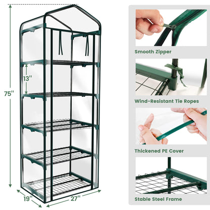 Worth Garden 5 Tier Mini Greenhouse - 75'' H x 27'' L x 19'' W - Sturdy Portable Gardening Shelves with Transparent PVC Cover - Small Porch Green House for Growing Plants Flowers Indoor & Outdoor