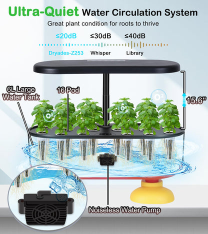 DRYADES 16 Pods Hydroponic Growing System, Indoor Garden with 24W Full-Spectrum LED, Smart Quiet Auto-Watering Herb Planter, Classic Red-Black Gift Design for Home, Office & Holiday