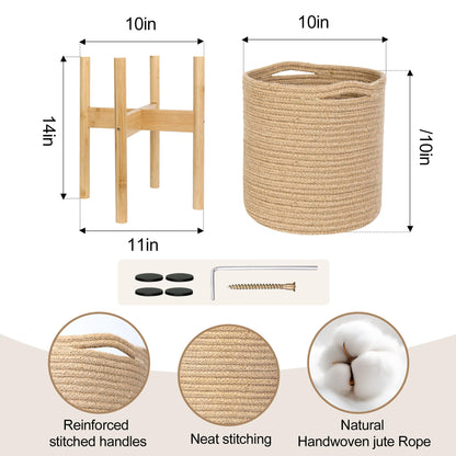 WILLITAT Plant Basket with Stand, Indoor Round Wicker Basket Plant with Bamboo Wood Stand, Decorative Woven Rope Flower Indoor Planter with Legs, Boho Bamboo Wood Planter Holder (Jute)