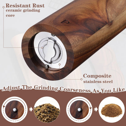 Wooden Salt and Pepper Grinder Set, 8 Inch Manual Mill with Tray, Adjustable Coarseness, Refillable Acacia Wood Grinders for Kitchen, Home, and Gift (Brown)