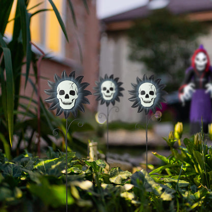 Glitzhome Set of 3 Glow in Dark Halloween Sunflower Skulls Metal Yard Stake, 24" Metal Yard Sign or Wall Decor for Outdoor