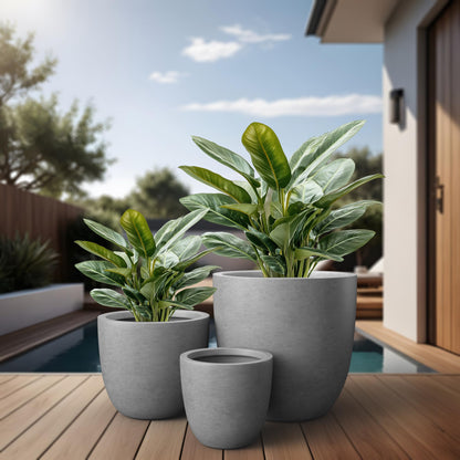 Kante Round Concrete Planter Set of 3, Large Outdoor Indoor Plant Pots with Drainage Hole, 10/14/18-Inch Diameter Flower Pots for Patio, Garden and Home, Gray