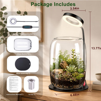 5X Aperture Glass Terrarium Grow Light with Full Spectrum LED for Indoor Plants, Mini Desk Plant Growing Lamp for Succulents & Moss, 3 Modes, 10 Brightness Levels, Height Adjustable