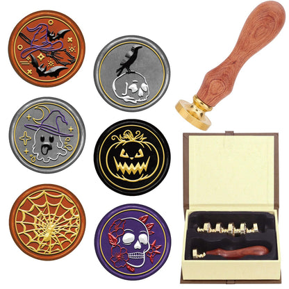 CRASPIRE Halloween Wax Seal Stamp Set 6Pcs Brass Sealing Stamp Heads Wood Handle Removable Kit Crow Witch Skull Spider Web Pumpkin Bat Skeleton Ghost for Party Envelope Invitation DIY Craft Gift Wrap
