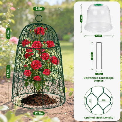 12 Pack XL Metal Garden Cloches for Plants, 17" Height Rustproof Chicken Wire Cloches for Seedlings, Vegetables & Flowers, Plant Protectors from Animals Includes 12 Humidity Domes & 48 Stakes - Green