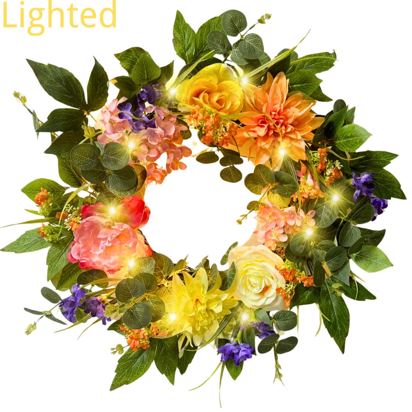 Svndlyn 22 Inch Lighted Spring Summer Floral Wreath with Faux Flowers