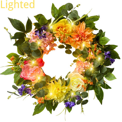 Svndlyn 22 Inch Lighted Spring Summer Floral Wreath with Faux Flowers