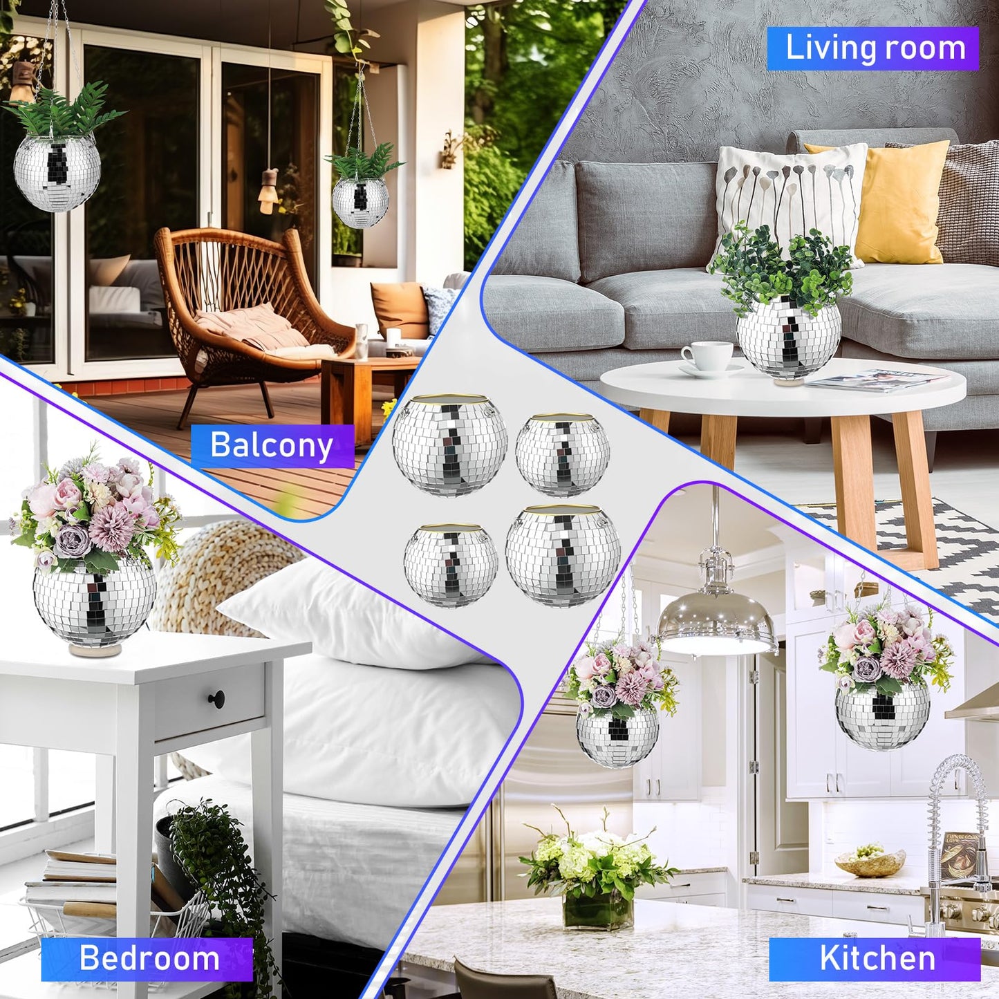 Romooa 4 Pcs 6/8 Disco Ball Planter Hanging Disco Ball Plant Hanger with Chain Hook and Ring Stand, Mirror Flower Pot for Indoor and Outdoor Plants 70s 80s Party Room Decorations, Sliver
