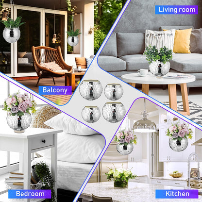 Romooa 4 Pcs 6/8 Disco Ball Planter Hanging Disco Ball Plant Hanger with Chain Hook and Ring Stand, Mirror Flower Pot for Indoor and Outdoor Plants 70s 80s Party Room Decorations, Sliver