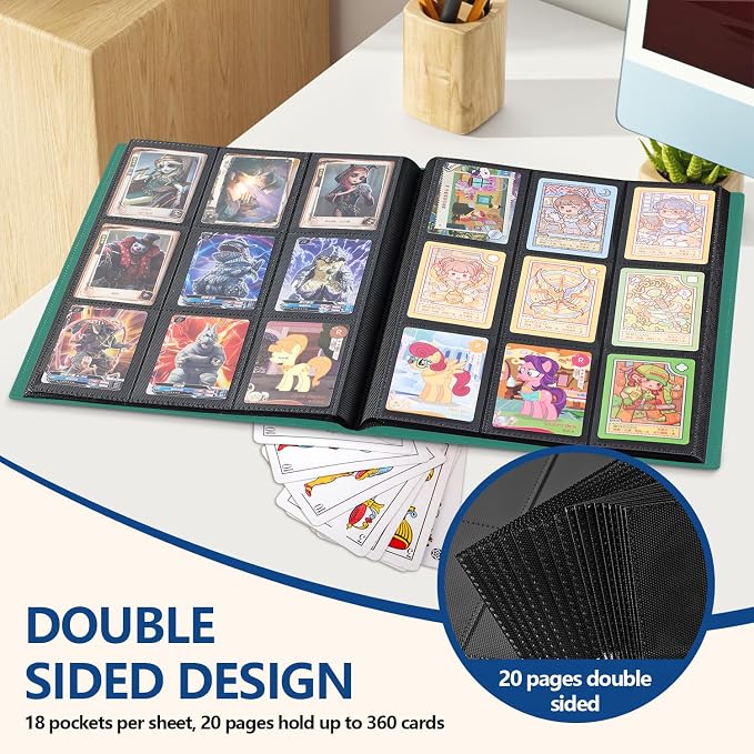 Card Binder, EDUDIIU 9 Pockets Premium Trading Card Binders, Cards Collection Binder Album, Side Loading Yugioh Holder Book for Sport, Football, Baseball Collector - Green